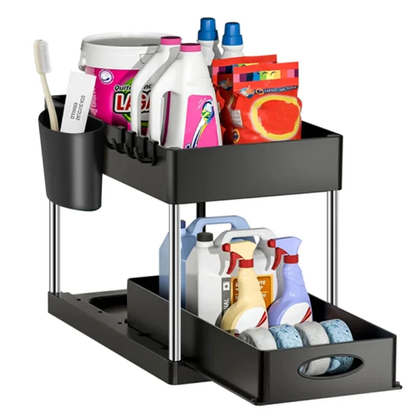 2-Tier Under Sink Sliding Organizer Rack with Hooks – Kitchen & Bathroom Storage - Image 12