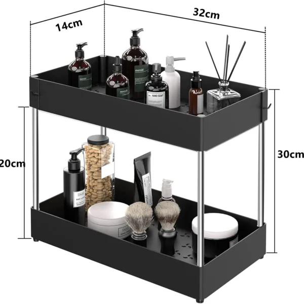 2-Tier Under Sink Sliding Organizer Rack with Hooks – Kitchen & Bathroom Storage - Image 13