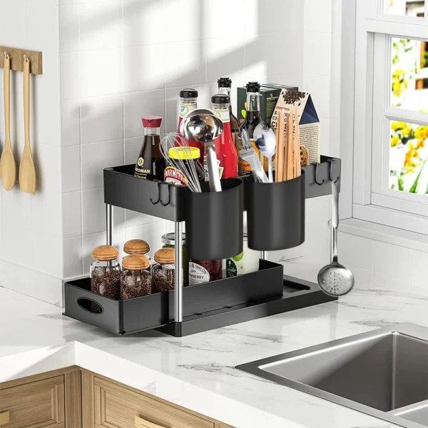 2-Tier Under Sink Sliding Organizer Rack with Hooks – Kitchen & Bathroom Storage - Image 4