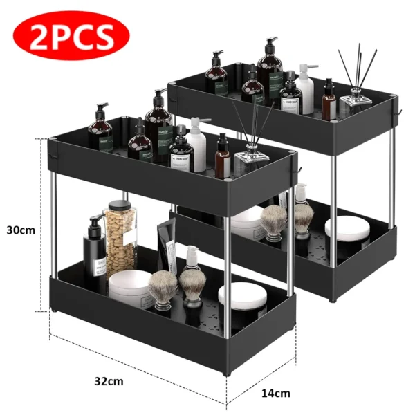 2-Tier Under Sink Sliding Organizer Rack with Hooks – Kitchen & Bathroom Storage - Image 9