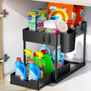 2-Tier Under Sink Sliding Organizer Rack with Hooks – Kitchen & Bathroom Storage