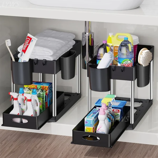 2-Tier Under Sink Sliding Organizer Rack with Hooks – Kitchen & Bathroom Storage - Image 5