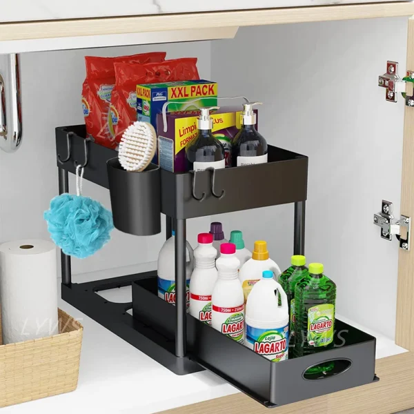 2-Tier Under Sink Sliding Organizer Rack with Hooks – Kitchen & Bathroom Storage - Image 2