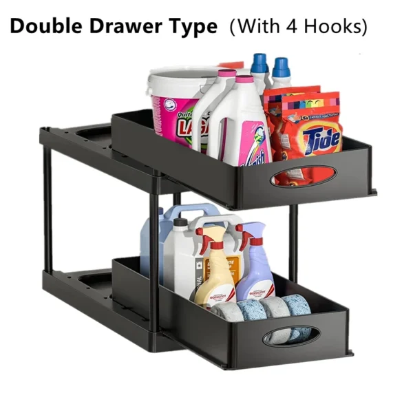 2-Tier Under Sink Sliding Organizer Rack with Hooks – Kitchen & Bathroom Storage - Image 7