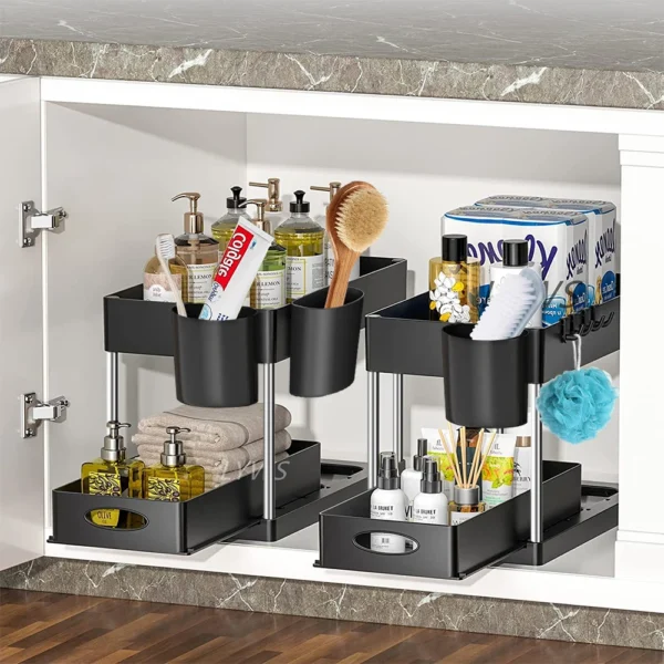 2-Tier Under Sink Sliding Organizer Rack with Hooks – Kitchen & Bathroom Storage - Image 3