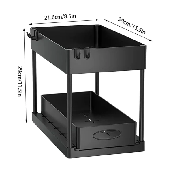 2-Tier Under Sink Sliding Organizer Rack with Hooks – Kitchen & Bathroom Storage - Image 6
