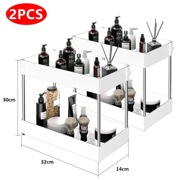 2-Tier Under Sink Sliding Organizer Rack with Hooks – Kitchen & Bathroom Storage - Image 10